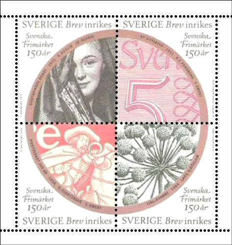 Sweden 2005. Commemorative booklet-pane commemorating the sesquicentennial of Swedish Post Stamps, containing the re-use of Slania's engraving from 1972. 